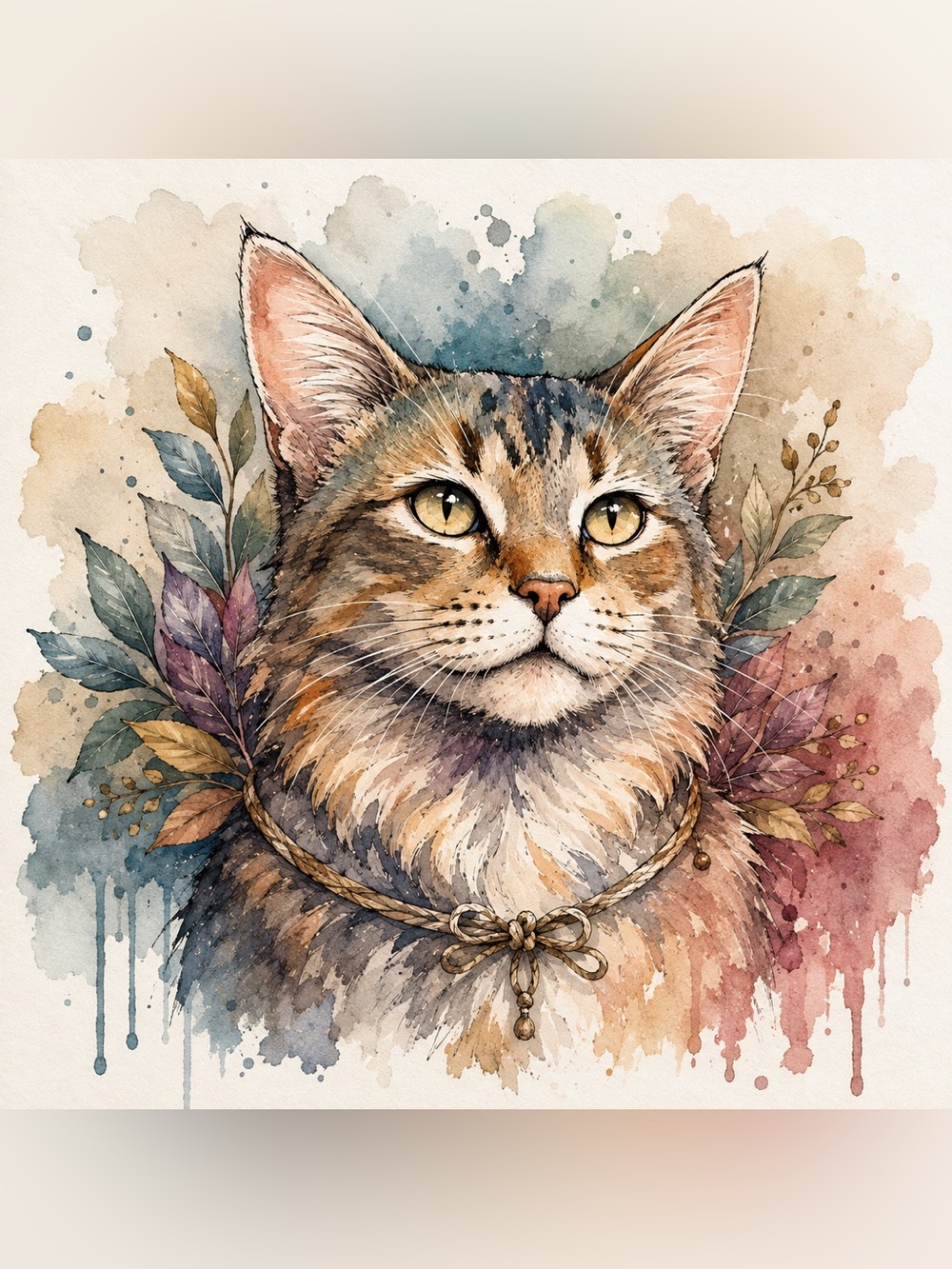 8x8 Black Framed Watercolor Cat Wall Art | Rustic Floral Cat Print